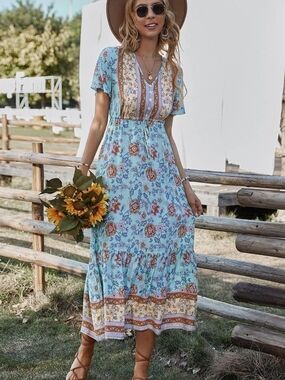 Bohemian Floral Maxi Dress in Light Blue